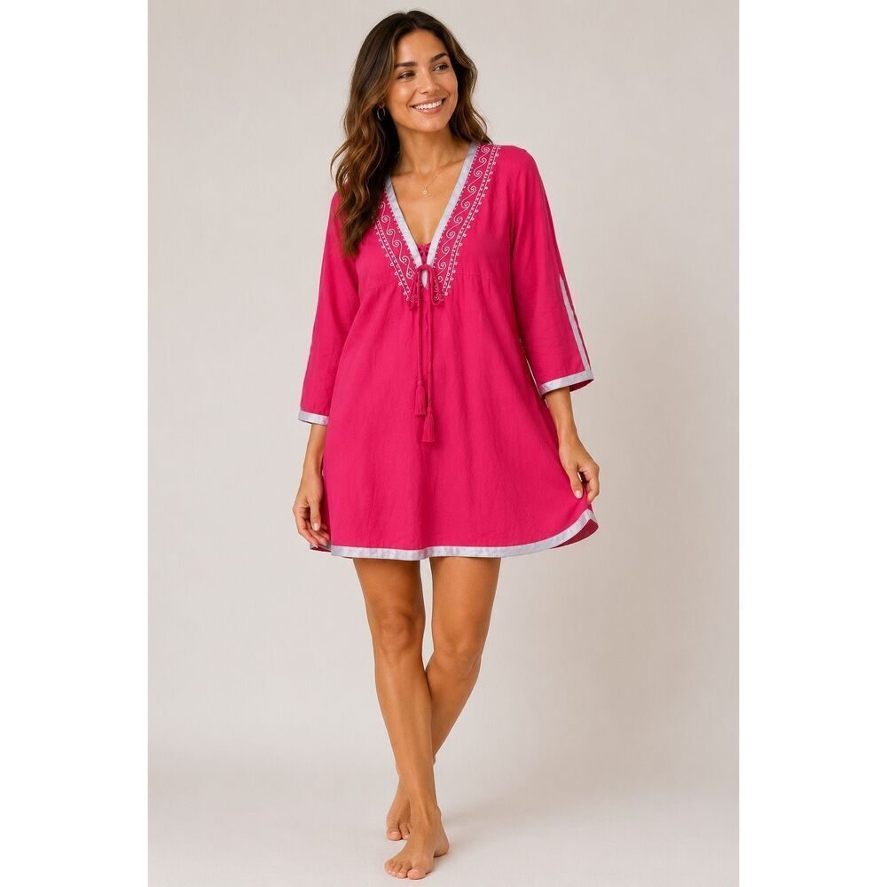 Tommy Bahama Pink Embroidered Cotton Tunic Cover Up Dress M